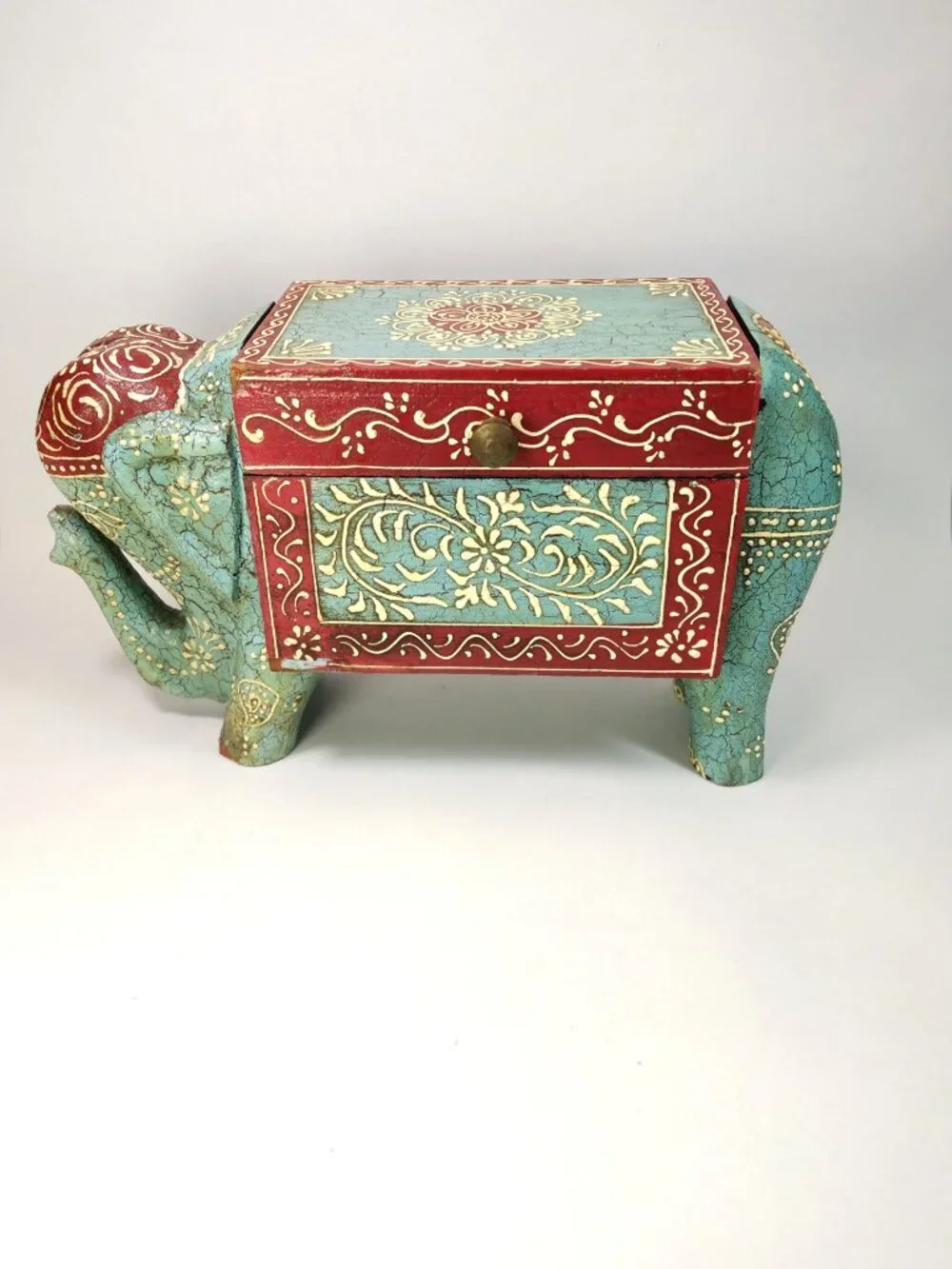 Hand Painted Wooden Elephant Jewelry Trinket Storage Box